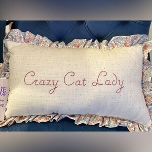 Embroidered "Crazy Cat Lady" Accent Pillow - Pink Script
